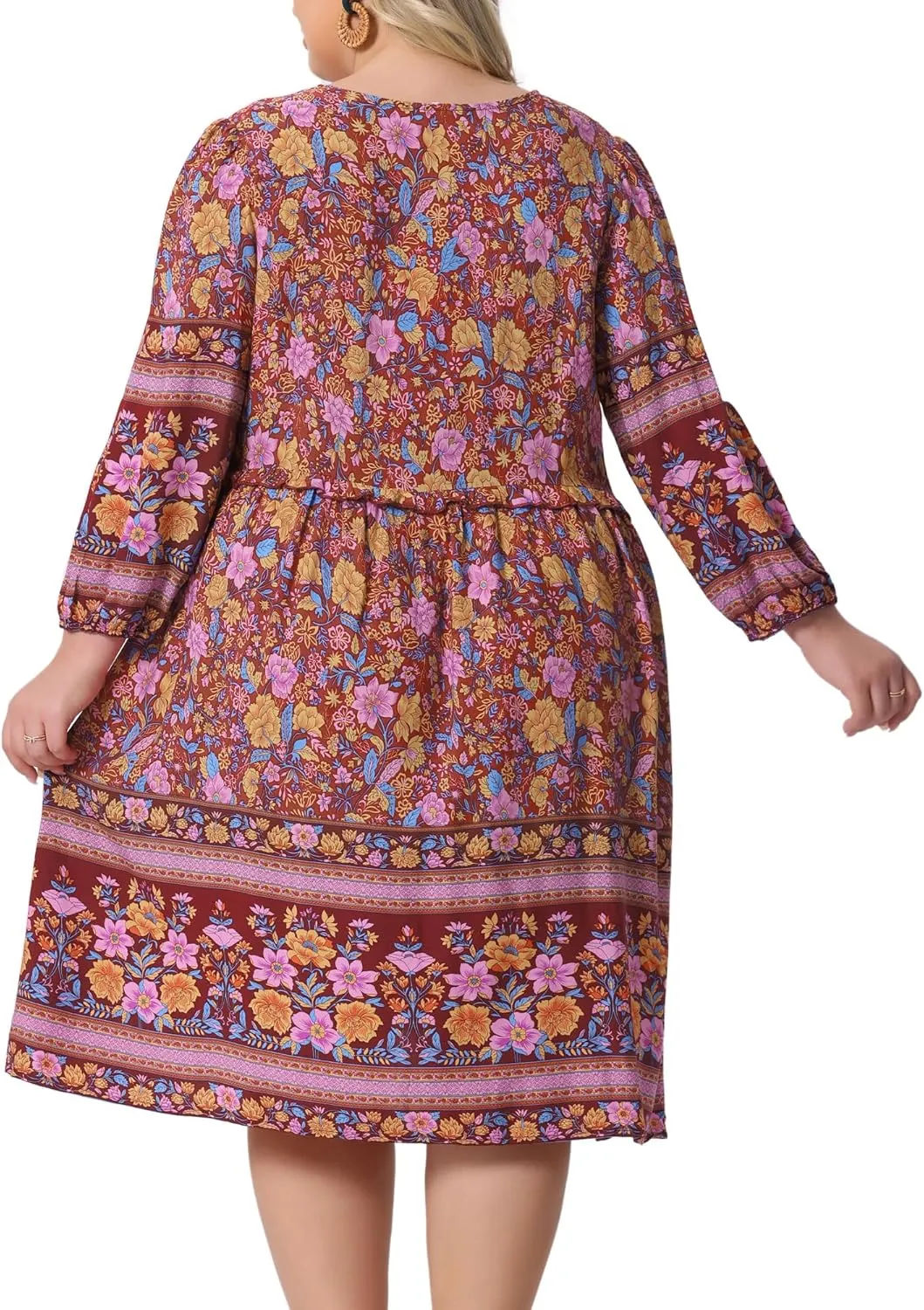 Agnes Orinda Plus Size Summer Dress for Women Casual Boho Floral V Neck 3/4 Sleeve Midi Short Beach Dress