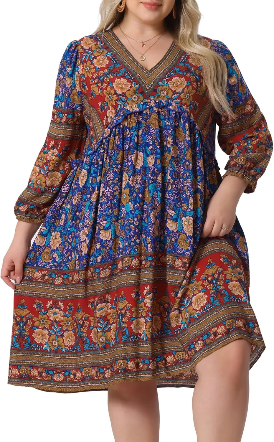 Agnes Orinda Plus Size Summer Dress for Women Casual Boho Floral V Neck 3/4 Sleeve Midi Short Beach Dress