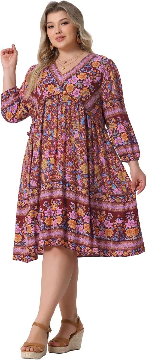 Agnes Orinda Plus Size Summer Dress for Women Casual Boho Floral V Neck 3/4 Sleeve Midi Short Beach Dress