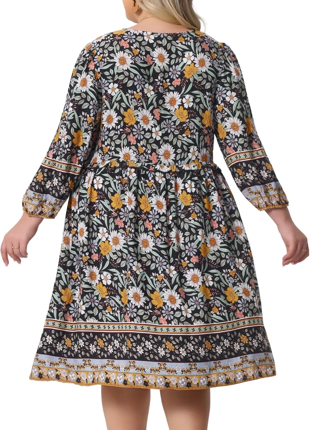 Agnes Orinda Plus Size Summer Dress for Women Casual Boho Floral V Neck 3/4 Sleeve Midi Short Beach Dress