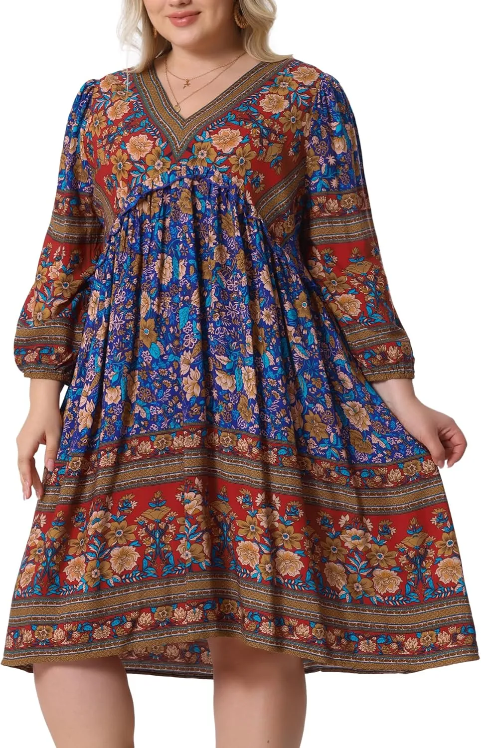 Agnes Orinda Plus Size Summer Dress for Women Casual Boho Floral V Neck 3/4 Sleeve Midi Short Beach Dress