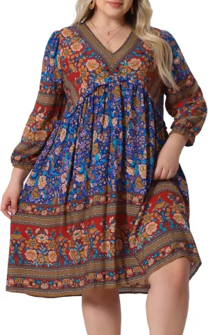Agnes Orinda Plus Size Summer Dress for Women Casual Boho Floral V Neck 3/4 Sleeve Midi Short Beach Dress