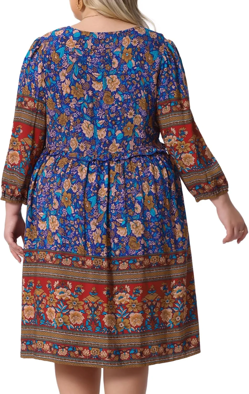 Agnes Orinda Plus Size Summer Dress for Women Casual Boho Floral V Neck 3/4 Sleeve Midi Short Beach Dress