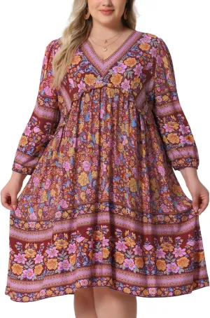 Agnes Orinda Plus Size Summer Dress for Women Casual Boho Floral V Neck 3/4 Sleeve Midi Short Beach Dress
