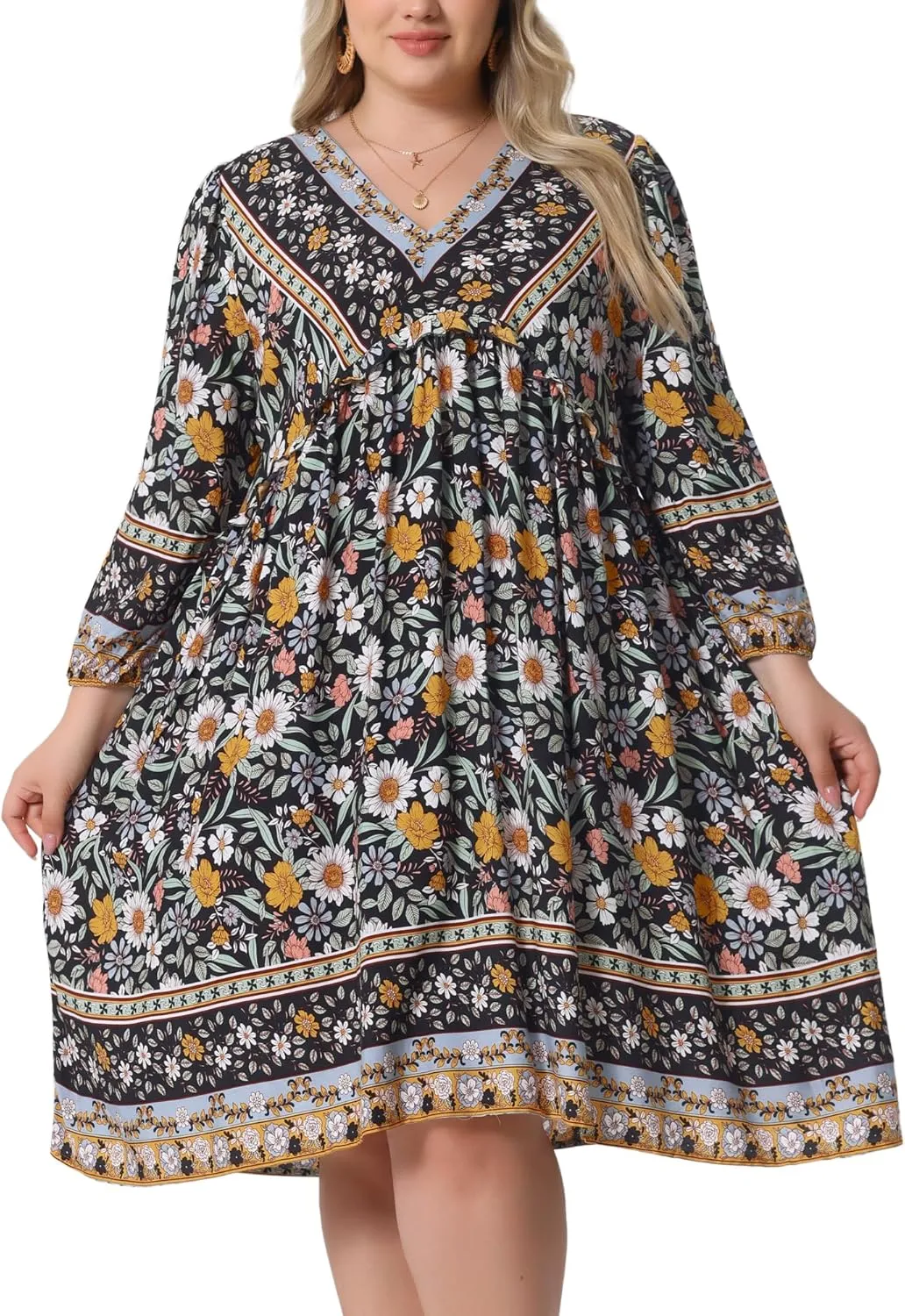 Agnes Orinda Plus Size Summer Dress for Women Casual Boho Floral V Neck 3/4 Sleeve Midi Short Beach Dress