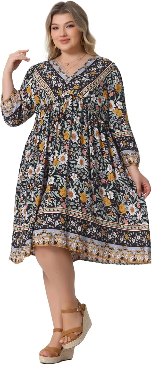 Agnes Orinda Plus Size Summer Dress for Women Casual Boho Floral V Neck 3/4 Sleeve Midi Short Beach Dress