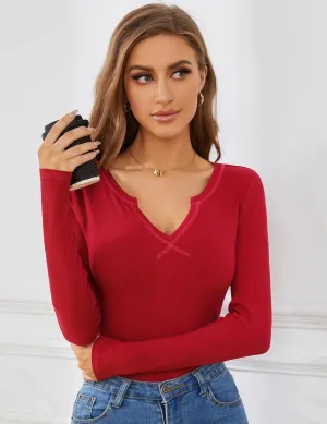 AKEWEI Women's Soft V Neck Ribbed Knit Shirts Basic Long Sleeve Tops Comfortable Long Sleeve Shirts Tunic Blouse Clothes