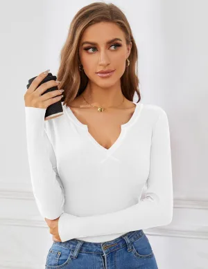 AKEWEI Women's Soft V Neck Ribbed Knit Shirts Basic Long Sleeve Tops Comfortable Long Sleeve Shirts Tunic Blouse Clothes