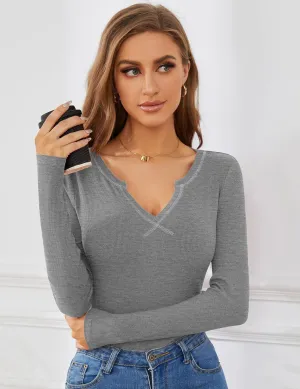 AKEWEI Women's Soft V Neck Ribbed Knit Shirts Basic Long Sleeve Tops Comfortable Long Sleeve Shirts Tunic Blouse Clothes