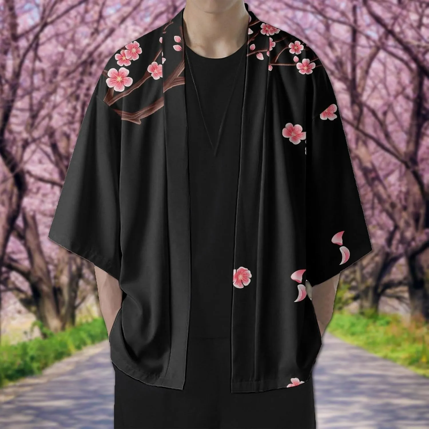 Alalaso Mens Kimono Cardigan Jacket 3/4 Sleeve Open Front Japanese Style Shirts Bathrobe Lightweight Coat Loose Robe