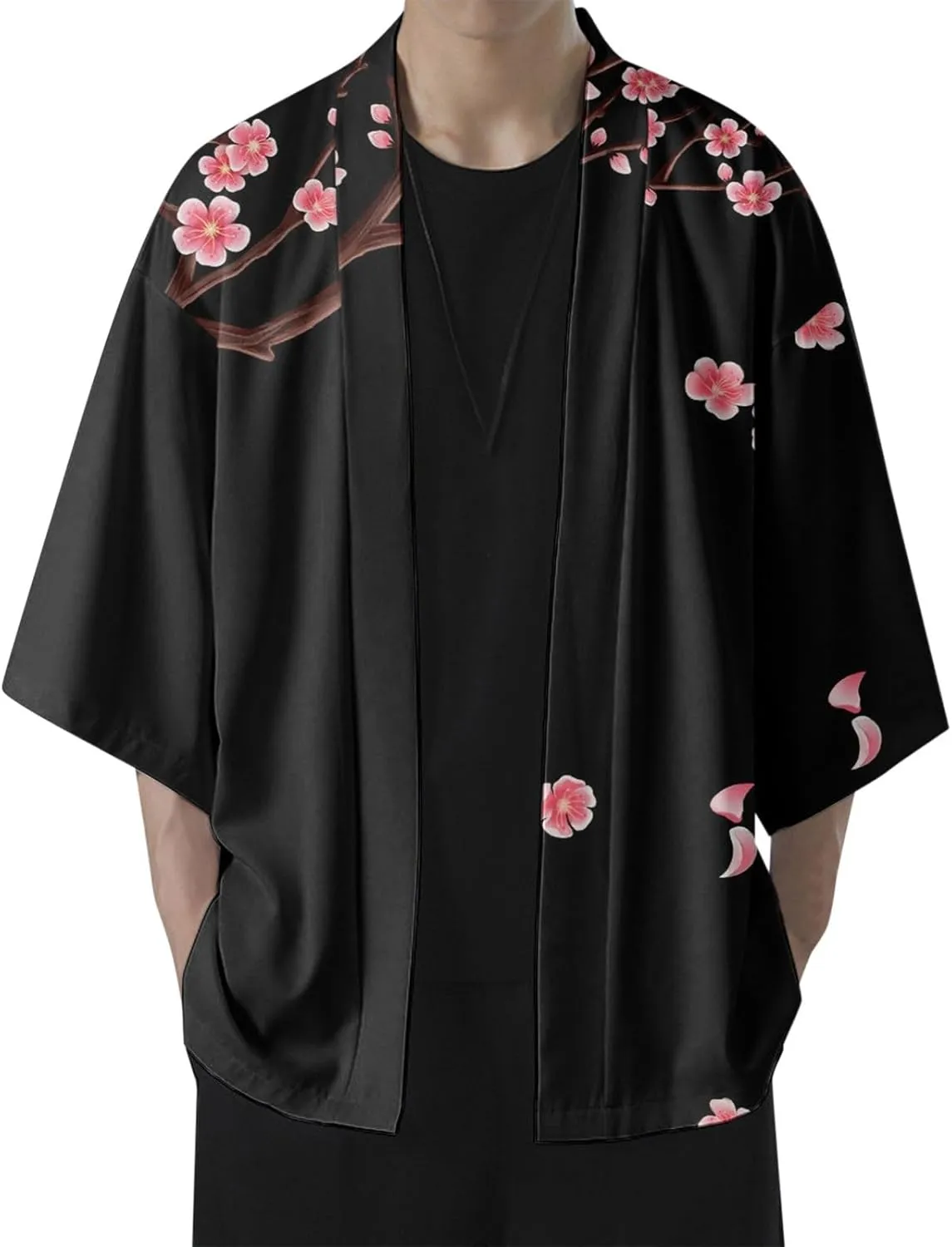 Alalaso Mens Kimono Cardigan Jacket 3/4 Sleeve Open Front Japanese Style Shirts Bathrobe Lightweight Coat Loose Robe