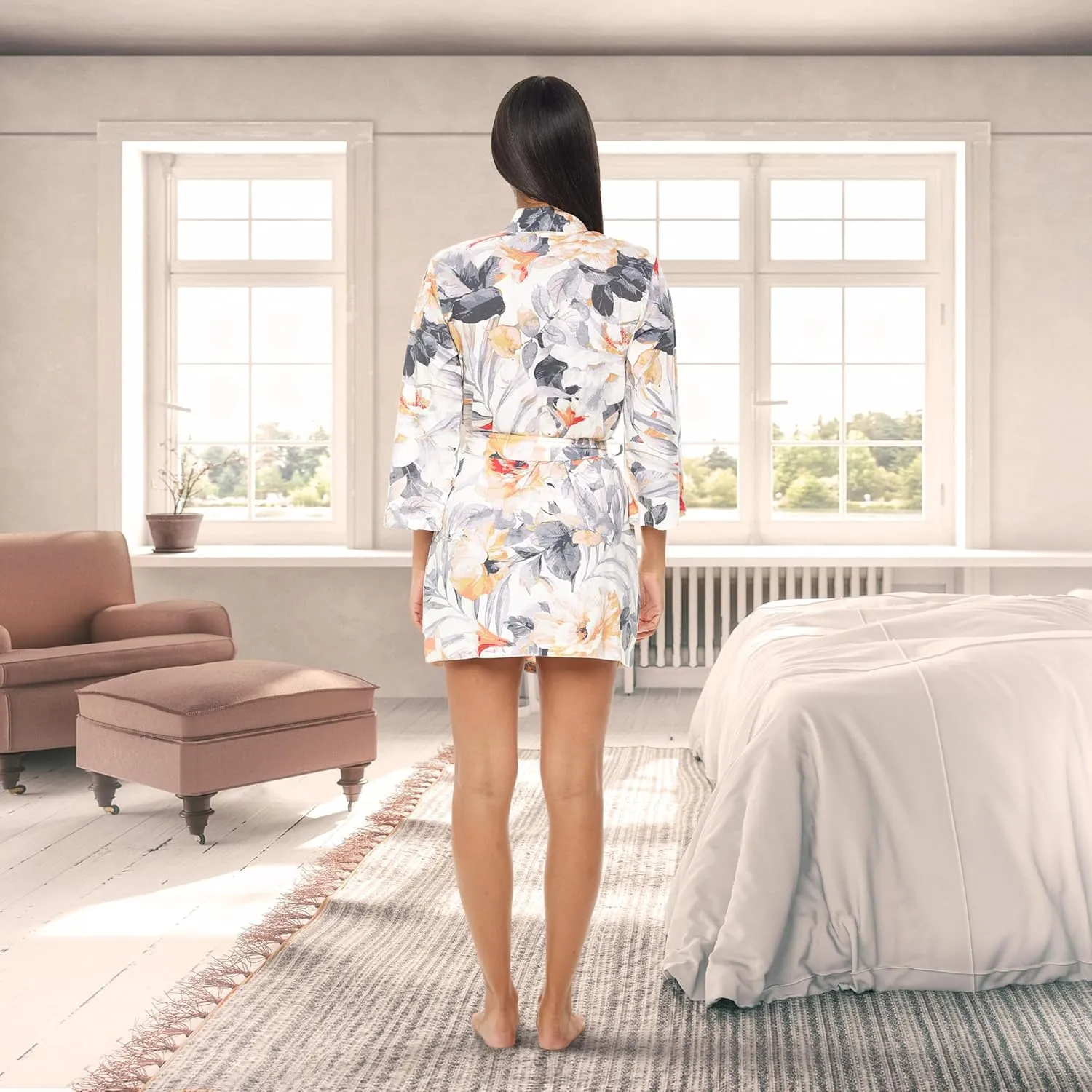 Alexander Del Rossa Short Kimono Robe for Women, Short Robes for Women Lightweight, Knit Cotton Floral Robe