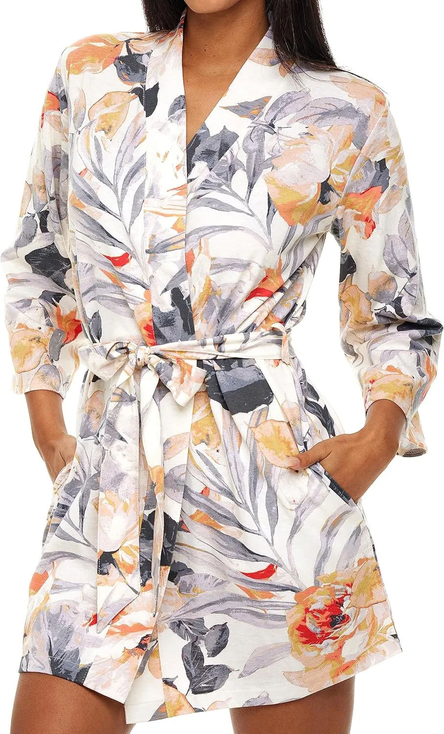 Alexander Del Rossa Short Kimono Robe for Women, Short Robes for Women Lightweight, Knit Cotton Floral Robe