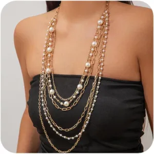 ALEXTINA Long Pearl Necklaces for Women Multiple Layered Necklace Vintage Gold Chain Pearl Strand Necklace for Party 1920s Gatsby Costume Jewelry