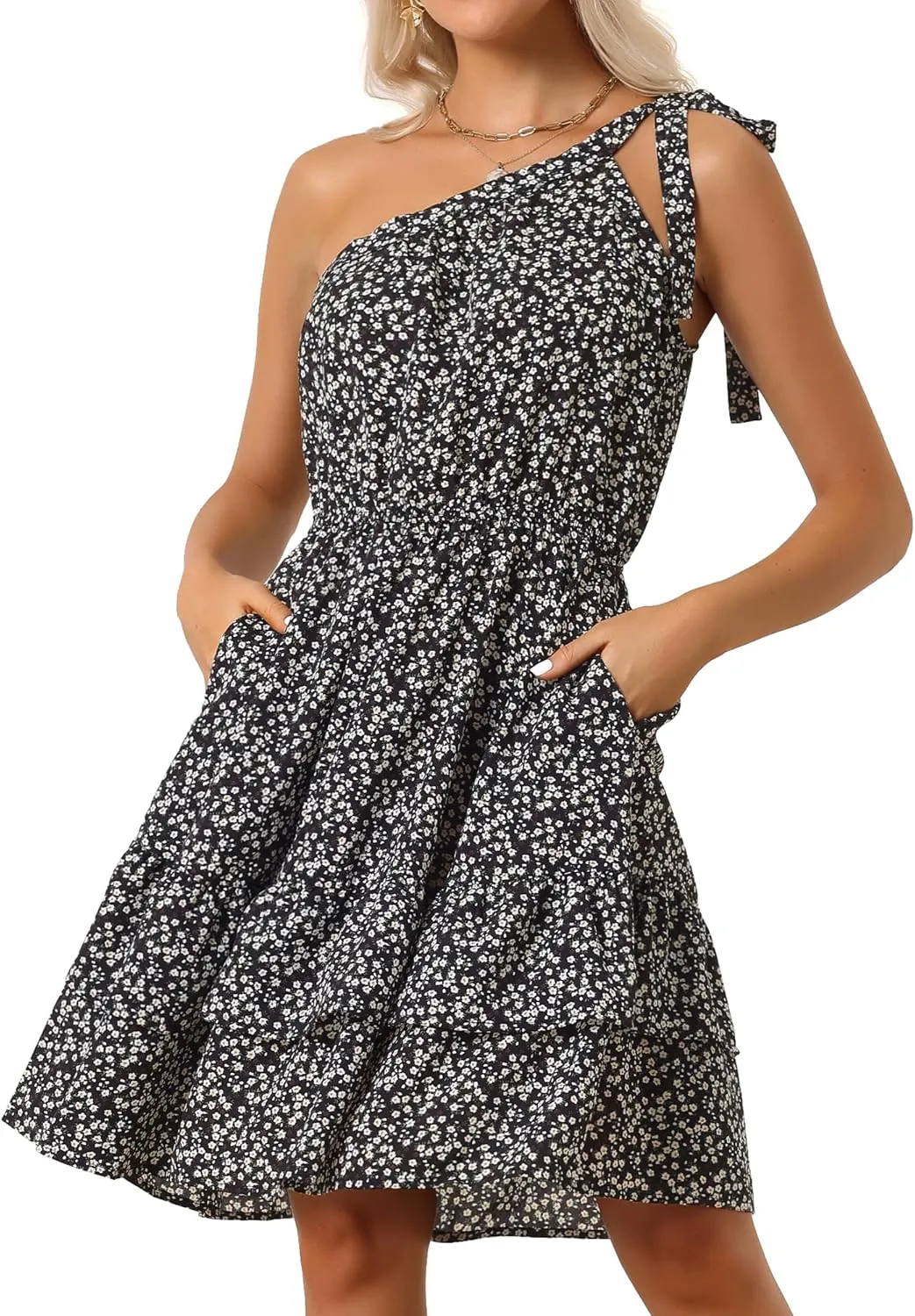 Allegra K Women's Summer Sleeveless Boho Floral Mini Dress One Shoulder Tie Ruffle Swing Beach Casual Short Dress