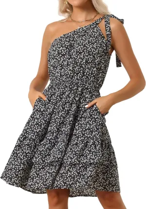 Allegra K Women's Summer Sleeveless Boho Floral Mini Dress One Shoulder Tie Ruffle Swing Beach Casual Short Dress