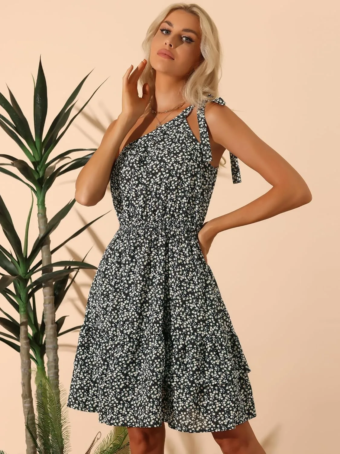 Allegra K Women's Summer Sleeveless Boho Floral Mini Dress One Shoulder Tie Ruffle Swing Beach Casual Short Dress