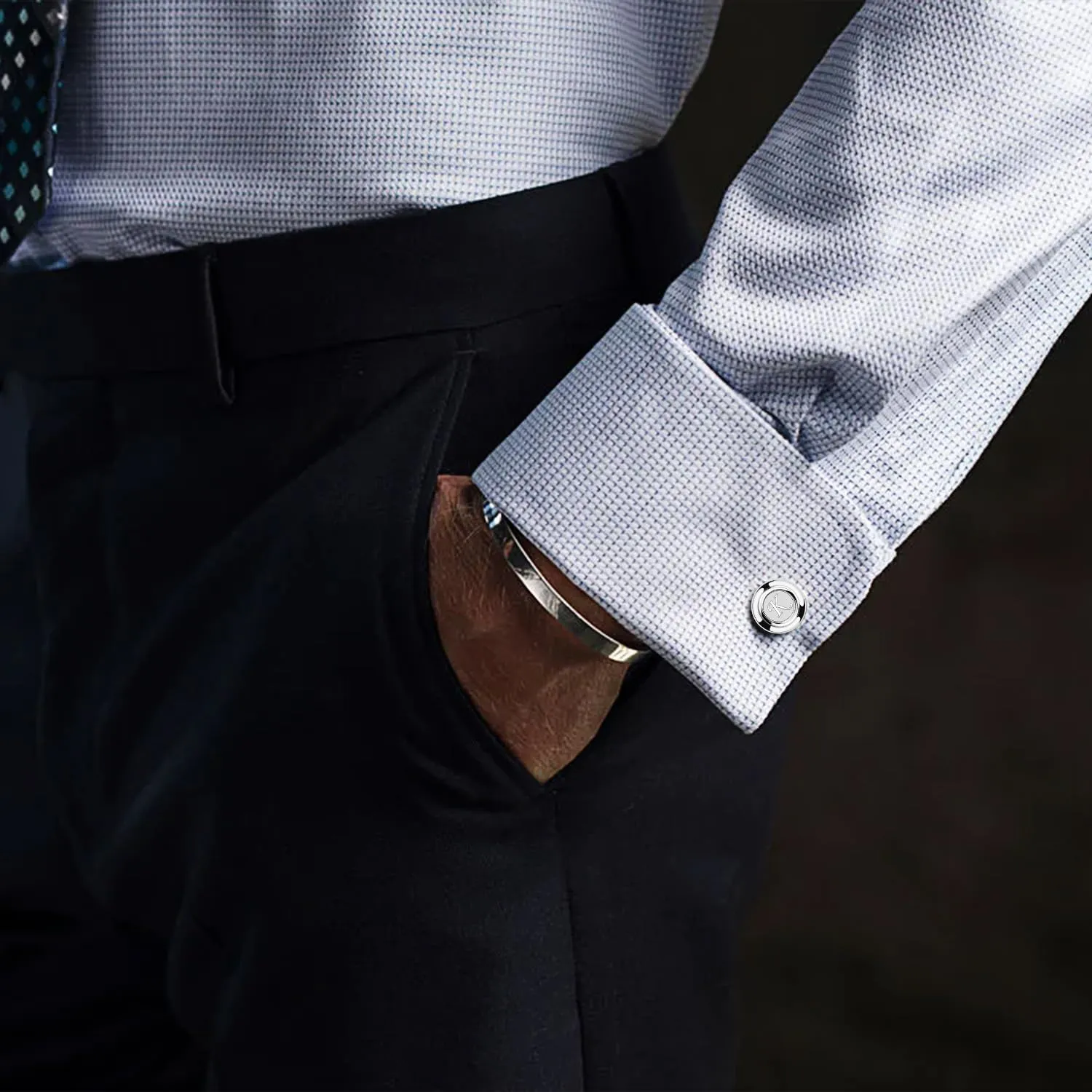 AMITER Mens Cufflinks with Initial A-Z, Classic 26 Letters Cuff Links for Men Business Wedding Shirts - 2 Pairs (Silver   Black)