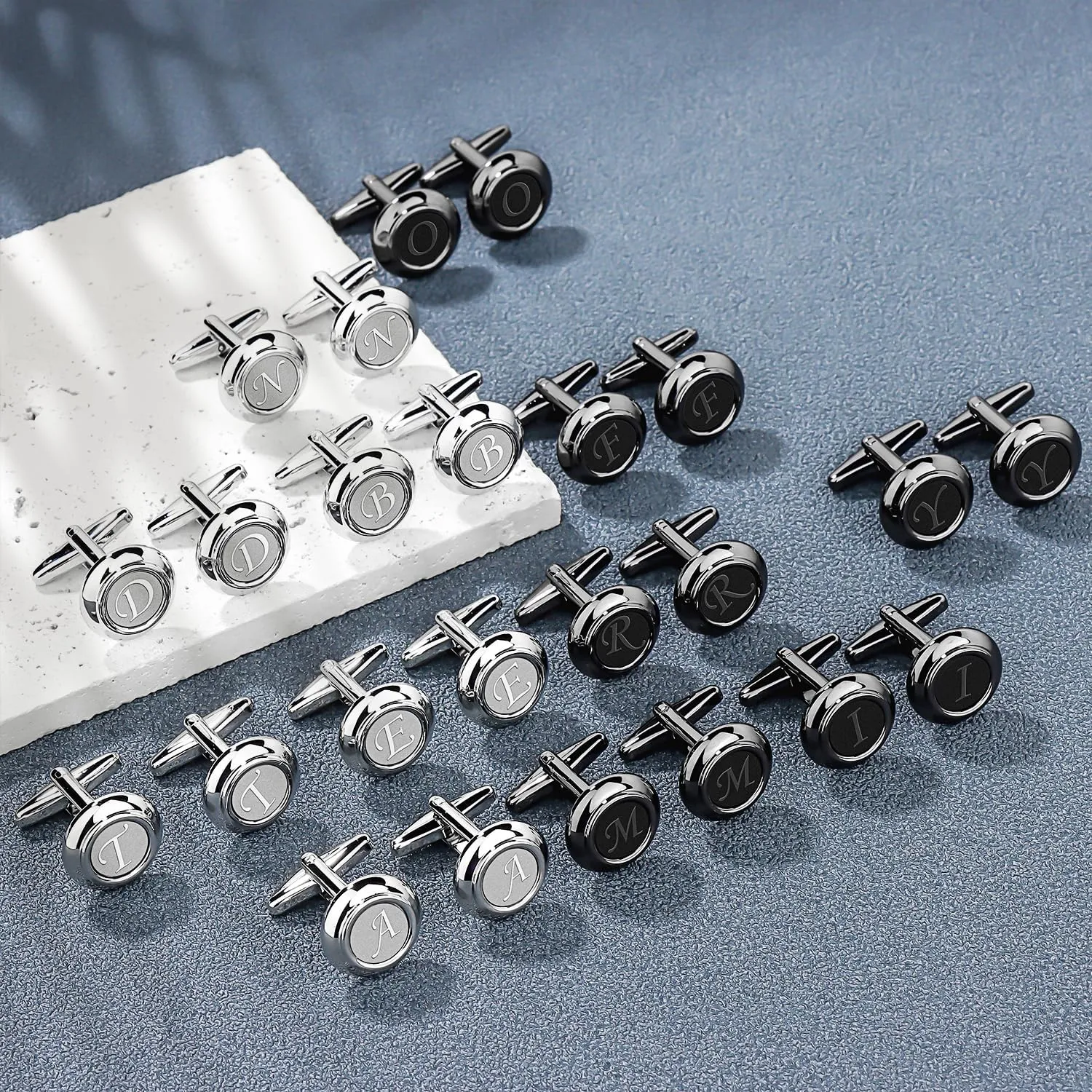 AMITER Mens Cufflinks with Initial A-Z, Classic 26 Letters Cuff Links for Men Business Wedding Shirts - 2 Pairs (Silver   Black)