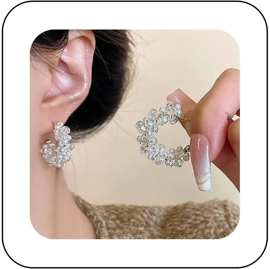 Andelaisi Boho Crystal C Shape Hoop Earrings Vintage CZ Pearl Earrings White Pearl Bead Earrings Personalized Rhinestone C Stud Earrings Jewelry for Women