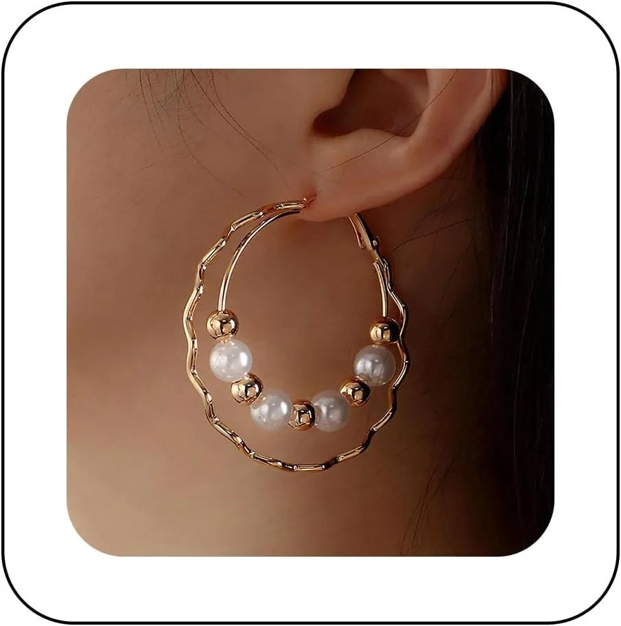 Andelaisi Boho Large Circle Pearl Earrings Vintage Pearl Hoop Earrings Double Hoop Earrings Exaggerate Geometric Statement Earrings Jewelry for Women