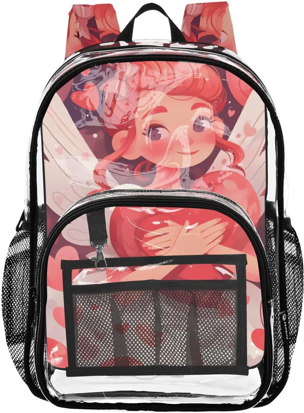 Angel Hold Love Clear Plastic Backpack - Transparent PVC Heavy Duty Bag with Large Main Pocket and Mesh Pockets - Ideal for School, Travel, Outings - Clear Backpack for Everyday Use