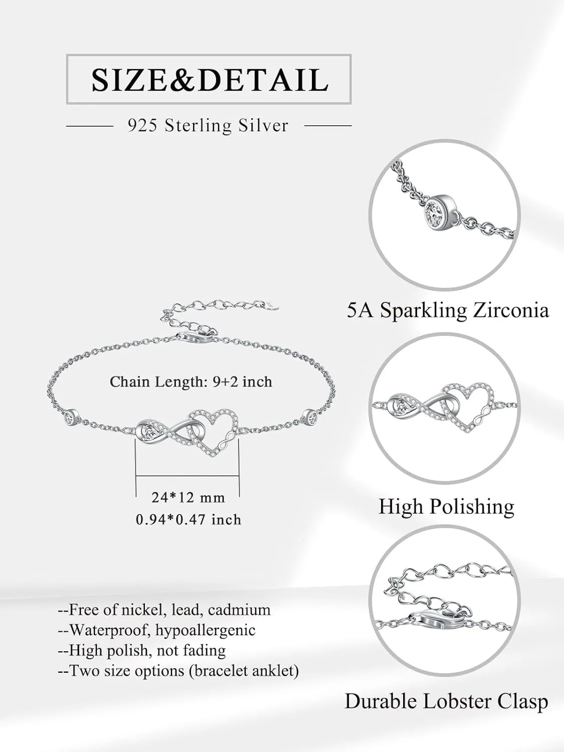 Ankle Bracelets for Women, 925 Sterling Silver Infinity/Heart/Pineapple/Butterfly/Turtle/Evil Eye/Sand Dollar Anklets Waterproof, Christmas Birthday Bracelet Anklets Jewelry Gift Adjustable