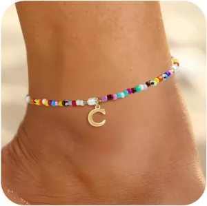 Ankle Bracelets for Women - Non Tarnish Anklets for Women Waterproof Gold, Initial Boho Beaded Pearl Foot Chain Anklet Summer Colorful Jewelry Gift
