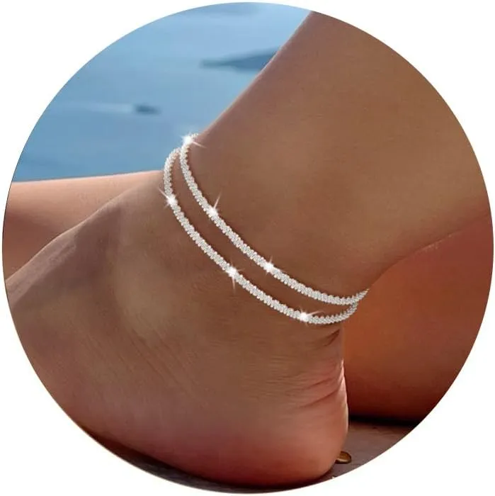 Ankle Bracelets for Women, Silver Layered Glitter Waterproof Anklet for Women 14K Gold Plated Anklets Sterling Silver Layered Moon Pendant Anklet Summer Beach Waterproof Anklet for Women
