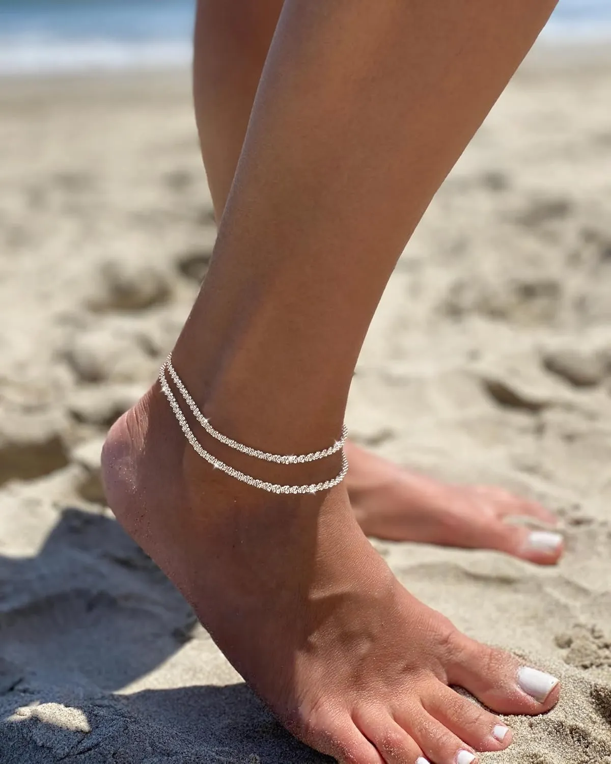 Ankle Bracelets for Women, Silver Layered Glitter Waterproof Anklet for Women 14K Gold Plated Anklets Sterling Silver Layered Moon Pendant Anklet Summer Beach Waterproof Anklet for Women