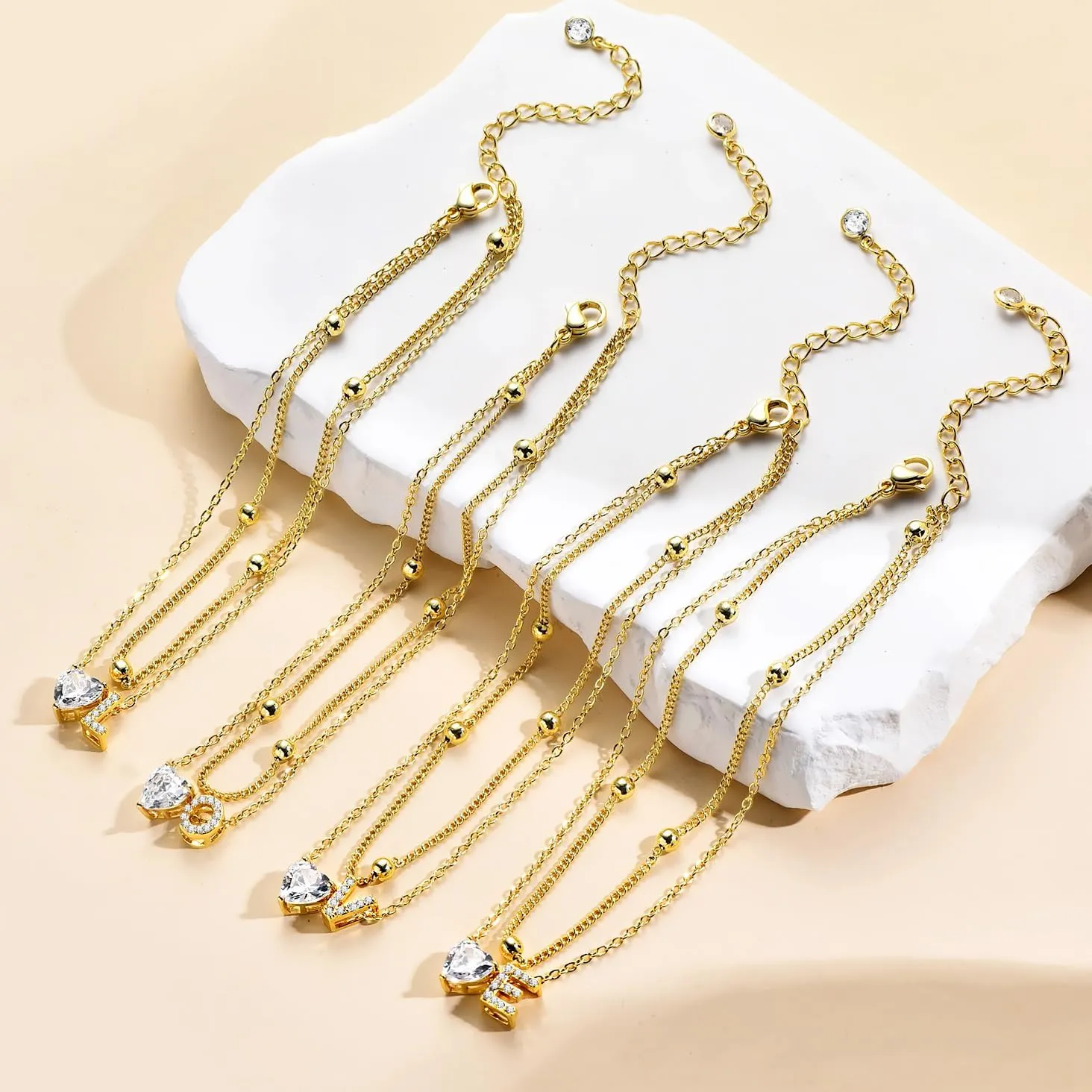Ankle Bracelets for Women Waterproof 14K Gold Plated CZ Initial Anklet for Women Dainty Layered Letter Heart Ankle Bracelets Handmade Adjustable Foot Chain Anklet Summer Beach Jewelry