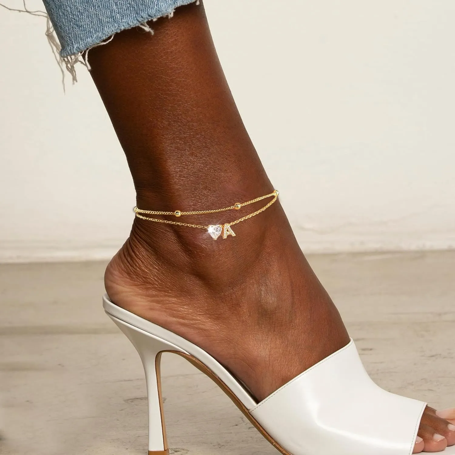 Ankle Bracelets for Women Waterproof 14K Gold Plated CZ Initial Anklet for Women Dainty Layered Letter Heart Ankle Bracelets Handmade Adjustable Foot Chain Anklet Summer Beach Jewelry
