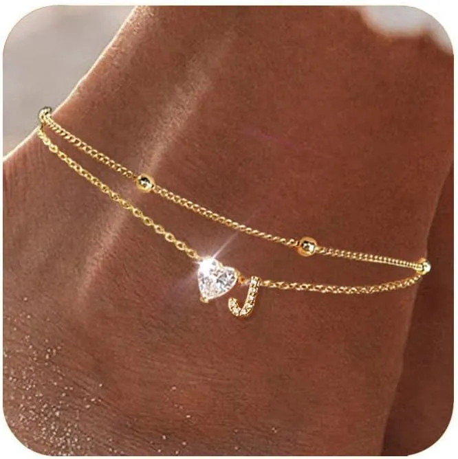 Ankle Bracelets for Women Waterproof 14K Gold Plated CZ Initial Anklet for Women Dainty Layered Letter Heart Ankle Bracelets Handmade Adjustable Foot Chain Anklet Summer Beach Jewelry