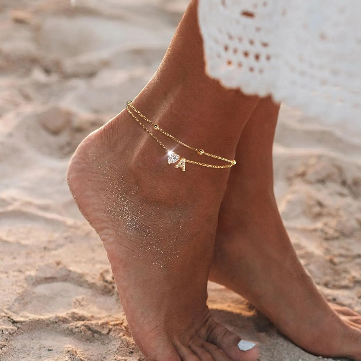 Ankle Bracelets for Women Waterproof 14K Gold Plated CZ Initial Anklet for Women Dainty Layered Letter Heart Ankle Bracelets Handmade Adjustable Foot Chain Anklet Summer Beach Jewelry