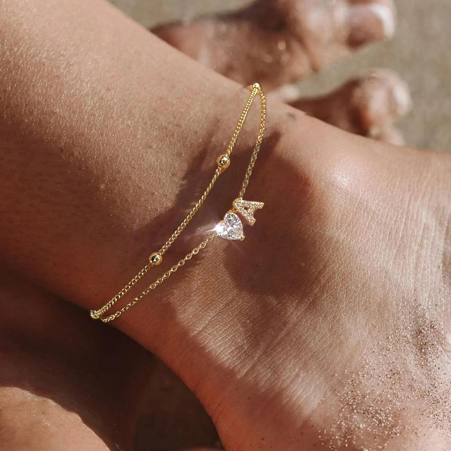 Ankle Bracelets for Women Waterproof 14K Gold Plated CZ Initial Anklet for Women Dainty Layered Letter Heart Ankle Bracelets Handmade Adjustable Foot Chain Anklet Summer Beach Jewelry