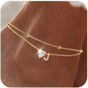 Ankle Bracelets for Women Waterproof 14K Gold Plated CZ Initial Anklet for Women Dainty Layered Letter Heart Ankle Bracelets Handmade Adjustable Foot Chain Anklet Summer Beach Jewelry