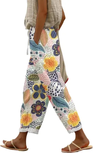 Ankle Pant for Women Casual Clolr Block Floral Drawstring High Waist Straight Leg Pants Loose Comfy Trousers with Pockets