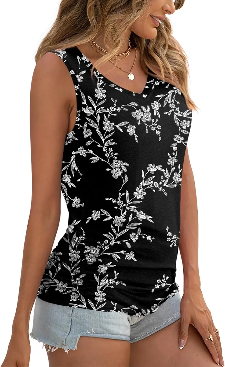 Anydoll Womens Tank Tops Summer V Neck Sleeveleeve Shirts Casual Ruched Tunics