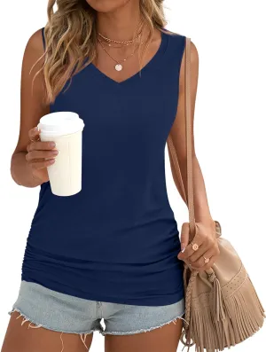 Anydoll Womens Tank Tops Summer V Neck Sleeveleeve Shirts Casual Ruched Tunics