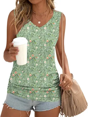 Anydoll Womens Tank Tops Summer V Neck Sleeveleeve Shirts Casual Ruched Tunics