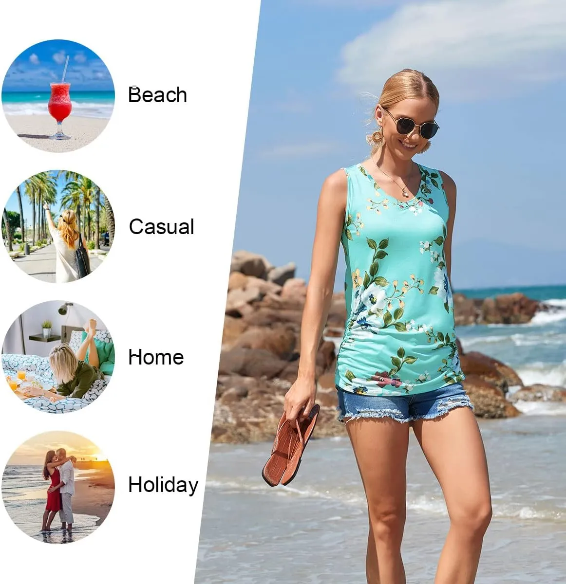 Anydoll Womens Tank Tops Summer V Neck Sleeveleeve Shirts Casual Ruched Tunics
