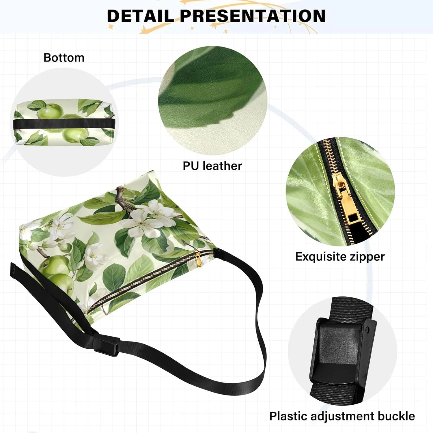 Apples and Blossoms with Leaves Watercolor Adjustable Shoulder Bag, Woman Hobo Shoulder Bag, Shoulder Bag