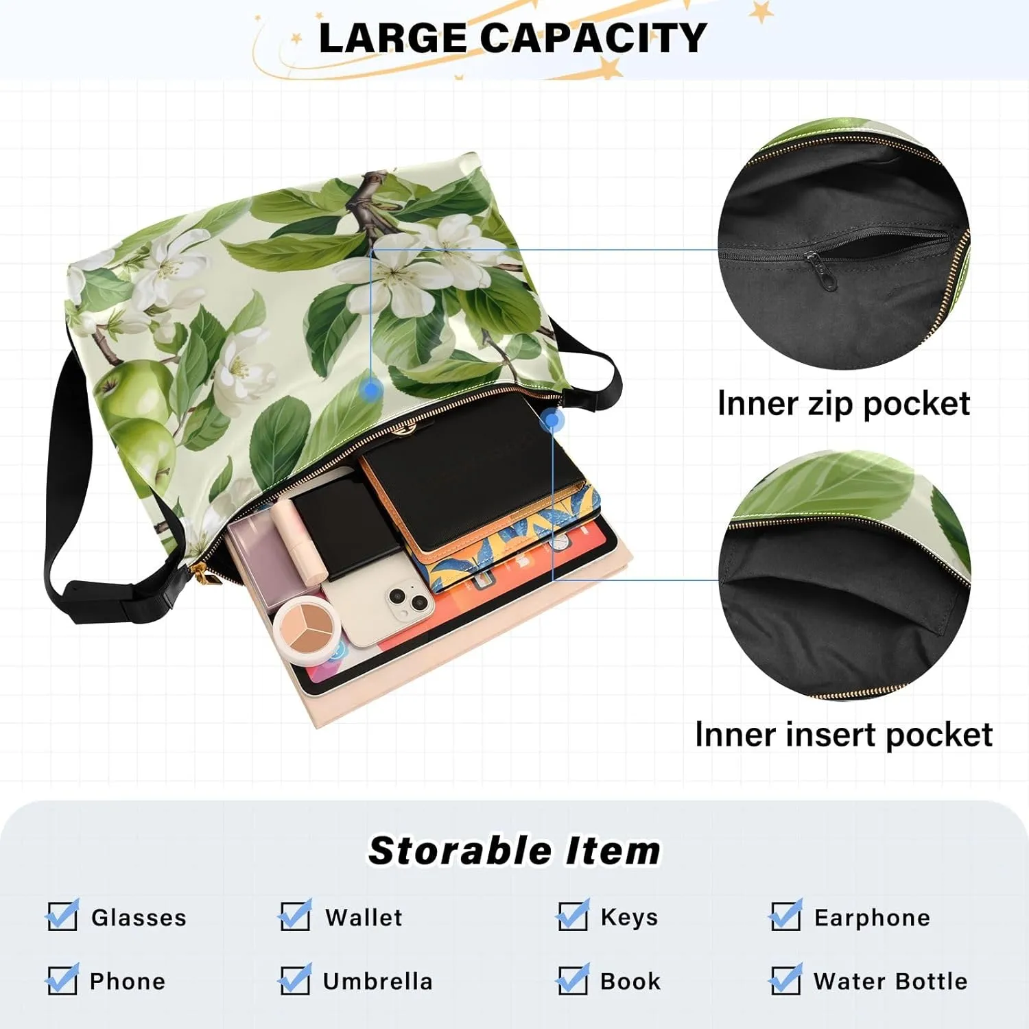 Apples and Blossoms with Leaves Watercolor Adjustable Shoulder Bag, Woman Hobo Shoulder Bag, Shoulder Bag