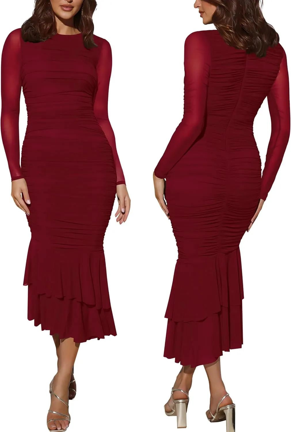 Atizon Elegant Ruched Bodycon Evening Dresses for Women Cocktail Party Formal Maxi Mermaid Dress
