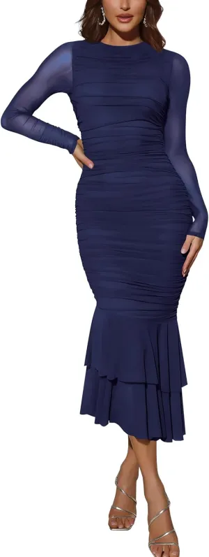 Atizon Elegant Ruched Bodycon Evening Dresses for Women Cocktail Party Formal Maxi Mermaid Dress