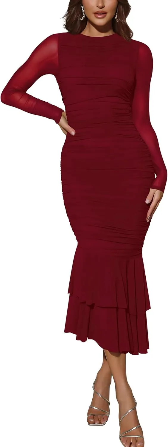 Atizon Elegant Ruched Bodycon Evening Dresses for Women Cocktail Party Formal Maxi Mermaid Dress