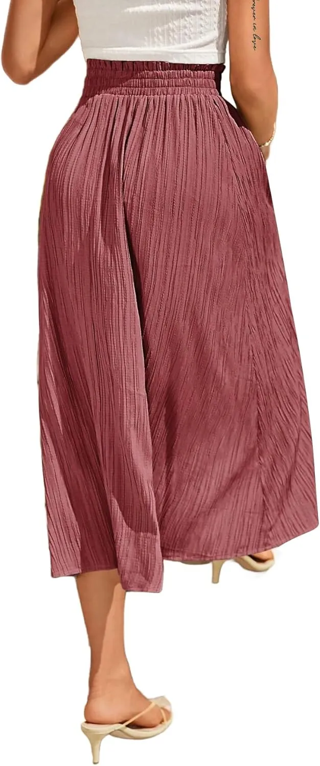Avanova Women Slit Split High Waist Pleated Long Skirt Elastic Flowy Midi Skirt