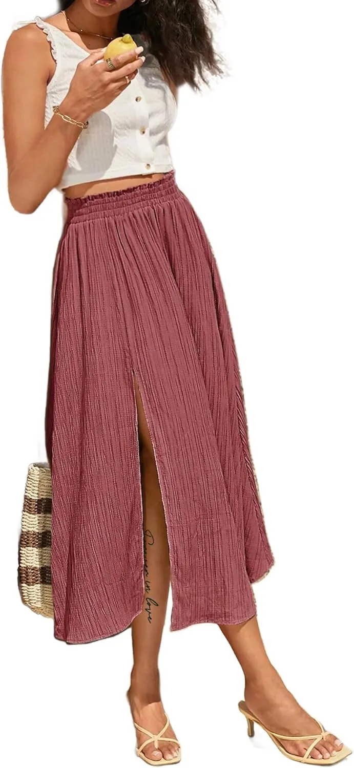 Avanova Women Slit Split High Waist Pleated Long Skirt Elastic Flowy Midi Skirt