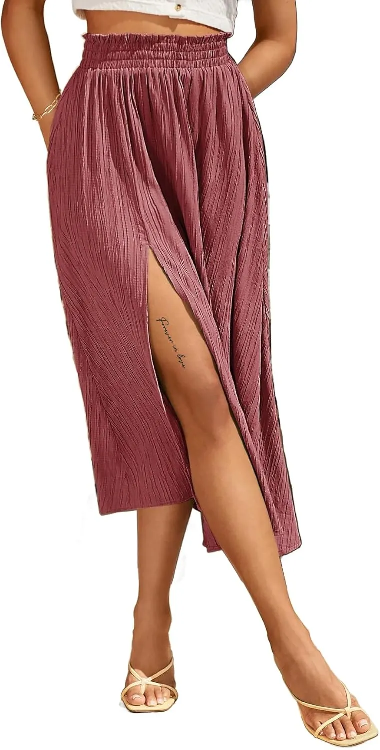 Avanova Women Slit Split High Waist Pleated Long Skirt Elastic Flowy Midi Skirt