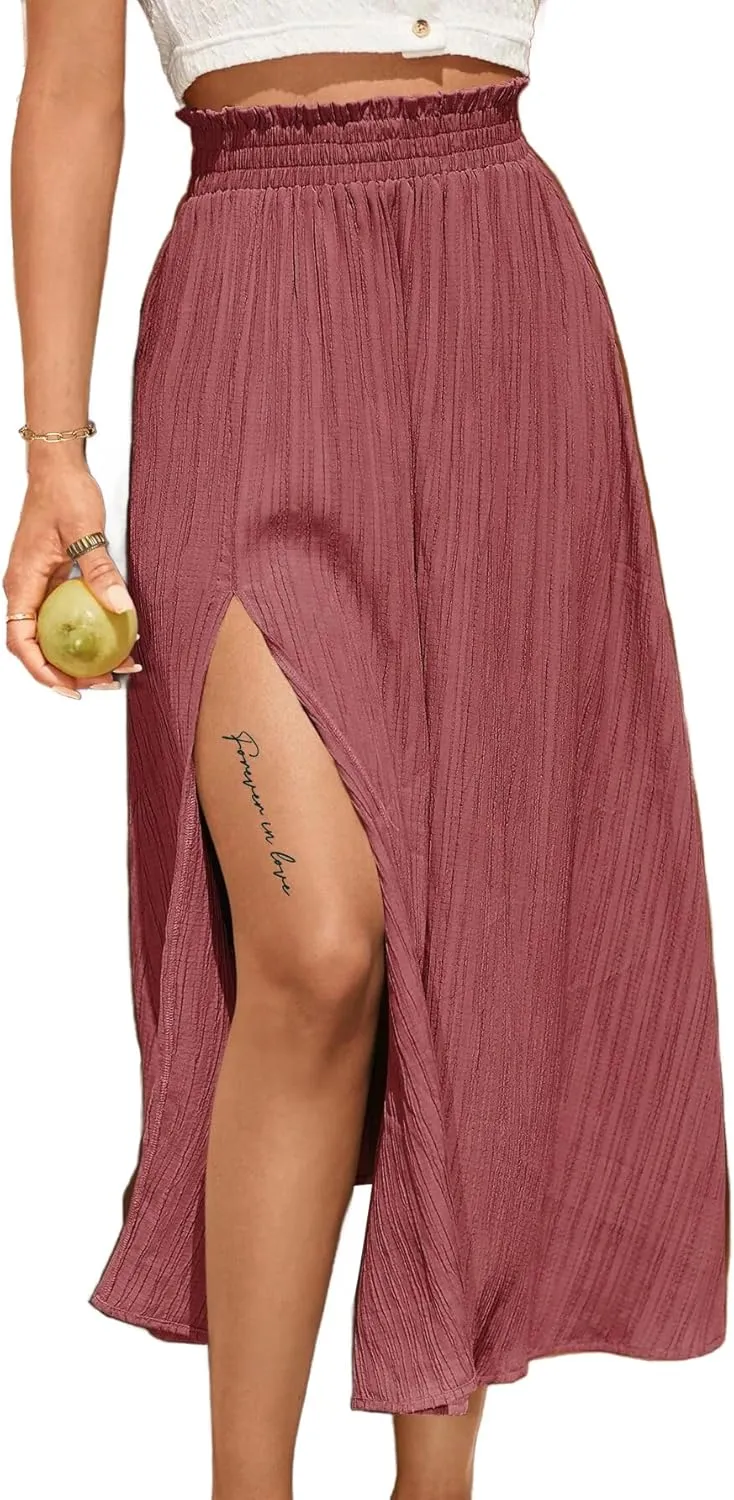 Avanova Women Slit Split High Waist Pleated Long Skirt Elastic Flowy Midi Skirt